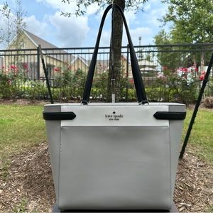 Kate Spade Staci Leather Laptop Tote Shoulder Bag Triple compartment Grey/Silver